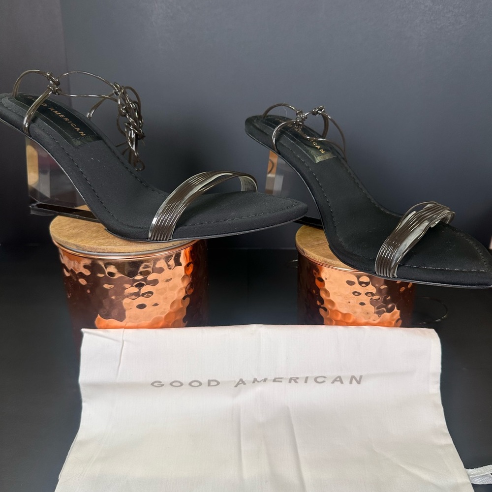 Good American Women’s‎ Black Neoprene Pointy Toe Strappy Clear Heel Shoes size 9 - Picture 4 of 10